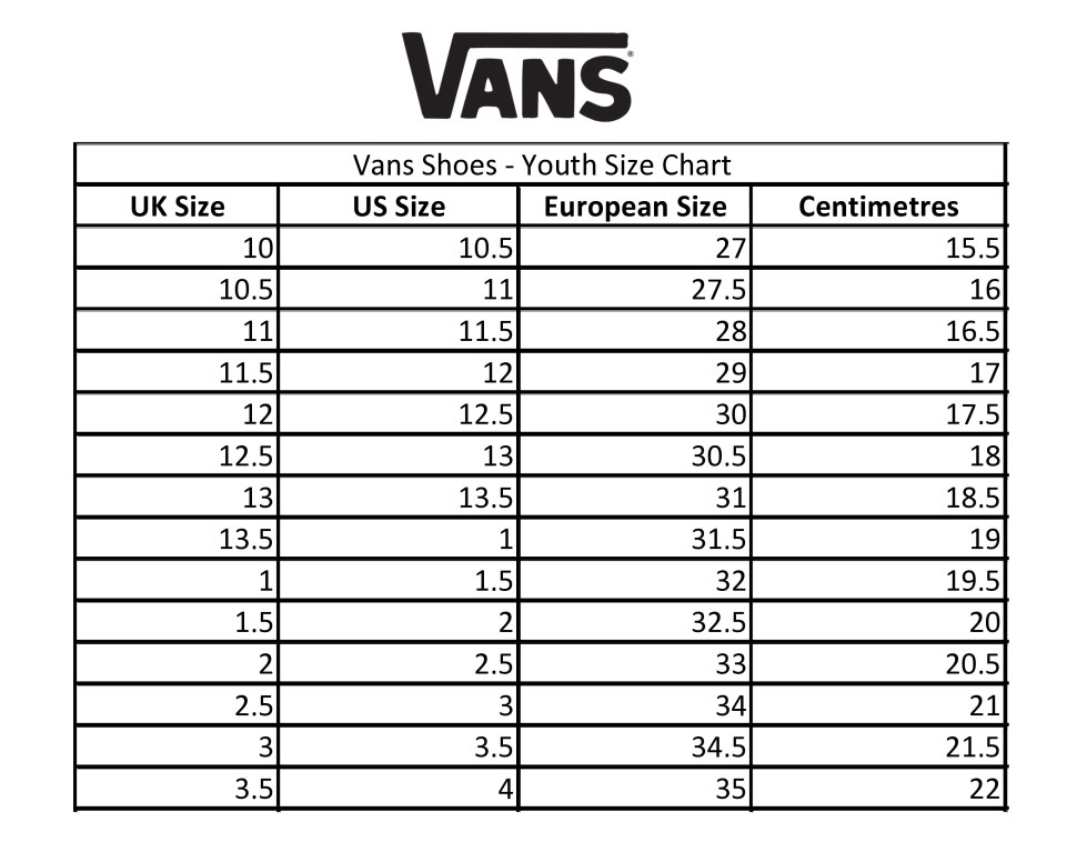 vans kids shoe chart